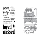 Set of metal dies with text and paw prints on a white background