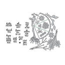 Black and white illustration of a card with floral elements and text on a white background