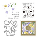 Floral stamp set with various flowers and sentiments on a white background