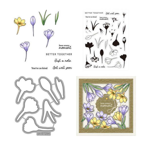 Floral stamp set with various flowers and sentiments on a white background