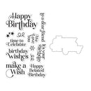 A set of black rubber stamp designs and a matching die cut outline on a white background, featuring birthday-themed phrases such as 'Happy Birthday,' 'time to Celebrate,' 'make a Wish,' and 'Happy Belated Birthday,' plus a cloud-shaped die cut.