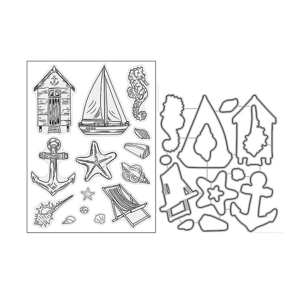 Black and white line art sheet showing nautical-themed cutout or stamp designs, including a sailboat, anchor, seahorse, starfish, beach chair, shells, and house-shaped motifs on a white background.