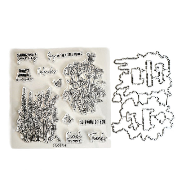 Clear stamp set featuring floral and botanical illustrations with inspirational quotes, shown alongside a matching metal die cut on a plain white background.