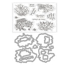 A clear stamp set sheet with floral line drawings and text phrases, shown above matching clear stamp dies on a white background.