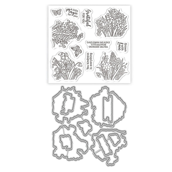 Clear stamp set with floral line art and text stamps above matching die-cut metal cutters, shown on a plain white background.