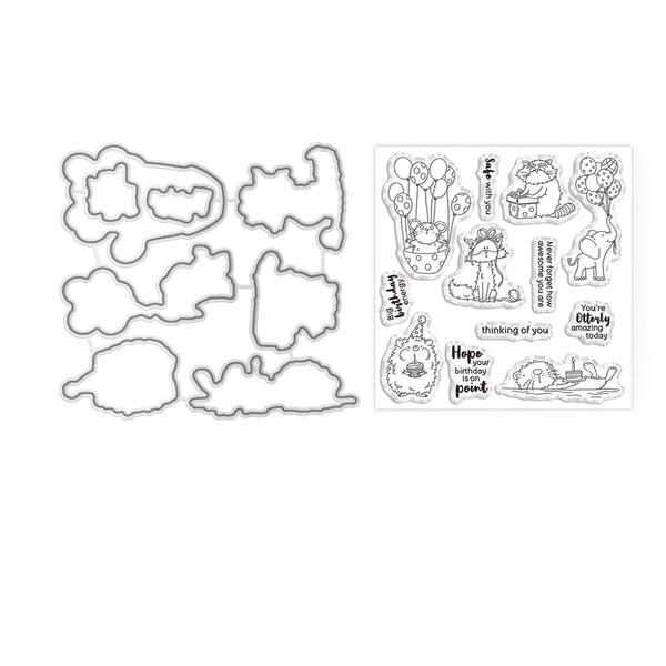 Clearing kit containing ten die-cut foam shapes and a sheet of clear stamps with black line art illustrations of animals, balloons, and birthday-themed phrases on a white background.