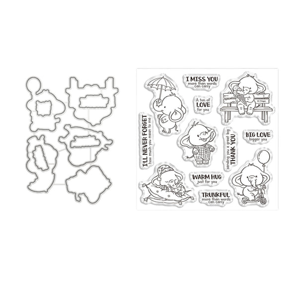 A clear stamp set sheet with cartoon duck illustrations, phrases like 'I Miss You', 'Big Love', and 'Thank You', shown next to six matching metal die-cut outlines on a white background.