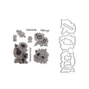Clear stamp set with sunflower and autumn-themed embossed designs, including text phrases like 'Golden Autumn' and 'Here Comes Summer', shown alongside matching metal cutting templates on a white background.