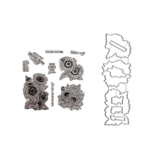 Clear stamp set with sunflower and autumn-themed embossed designs, including text phrases like 'Golden Autumn' and 'Here Comes Summer', shown alongside matching metal cutting templates on a white background.