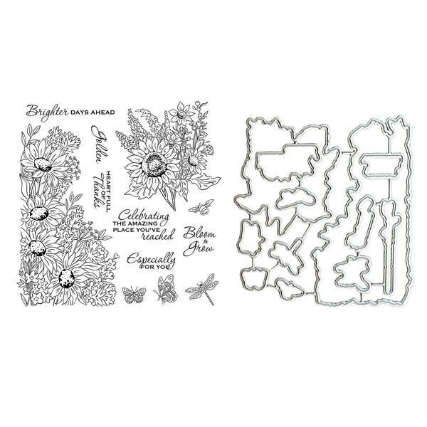 Clearing set featuring floral and script stamps on the left and matching metal die-cut cutting mats on the right, shown on a plain white background.
