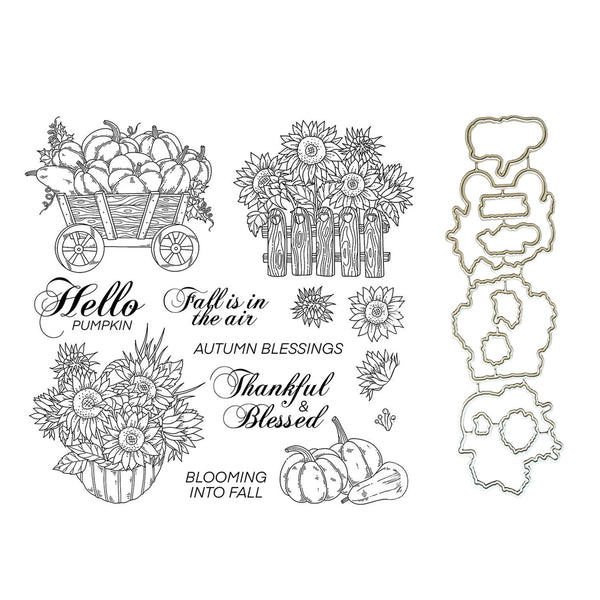 Clearing board for a fall-themed stamp set or die set, featuring black line-art illustrations of pumpkins, sunflowers, a wagon, and autumn phrases, plus three die-cut stamp shapes shown on the right against a white background.