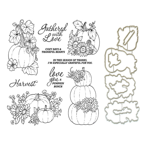 Black and white autumn-themed stamp set featuring pumpkins, flowers, leaves, and decorative text, with three metal die-cut stencils shown on the right against a plain white background.