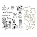 Clear stamp set featuring black ink-style illustrations and phrases, including a watering can, books, a chair, a dog, potted plants, and text such as 'take a moment for you' and 'Glad were friends.' A separate metal die-cut outline sheet is shown on the right against a white background.
