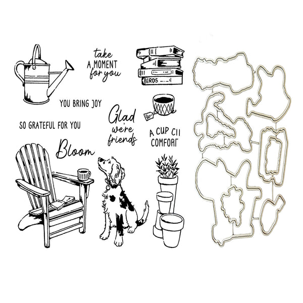 Clear stamp set featuring black ink-style illustrations and phrases, including a watering can, books, a chair, a dog, potted plants, and text such as 'take a moment for you' and 'Glad were friends.' A separate metal die-cut outline sheet is shown on the right against a white background.