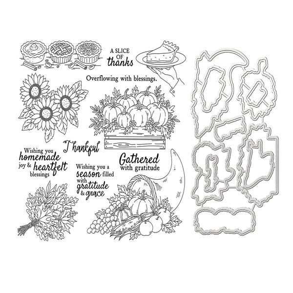 Clearing board sheet for a fall harvest themed stamp set, featuring various pumpkin, sunflower, leaves, cupcakes, and autumn-themed text stamps alongside matching metal cutting dies on a white background.
