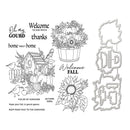Black and white line art sheet showing autumn-themed craft designs, including a birdhouse with pumpkins, flowers in a basket, a sunflower, birds, and decorative text such as 'Welcome Fall' and 'home sweet home.'.