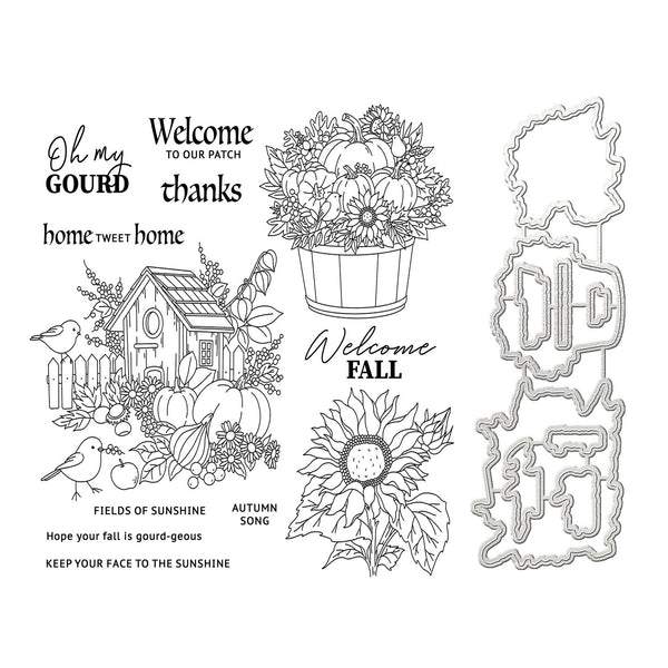Black and white line art sheet showing autumn-themed craft designs, including a birdhouse with pumpkins, flowers in a basket, a sunflower, birds, and decorative text such as 'Welcome Fall' and 'home sweet home.'.