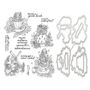 Black and white line art sheet showing autumn-themed craft designs and metal cutting dies, including a mug with a house, a flower pot, a windmill, a small house, and decorative text phrases.