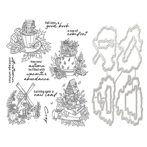Black and white line art sheet showing autumn-themed craft designs and metal cutting dies, including a mug with a house, a flower pot, a windmill, a small house, and decorative text phrases.