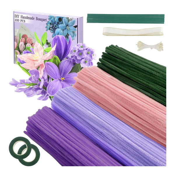 Flower arrangement supplies including sticks, ribbons, and a box of flowers on a white background.