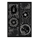 A black rectangular sheet featuring white gothic-style decorative illustrations, including floral wreaths, butterflies, moons, stars, and ornate borders.