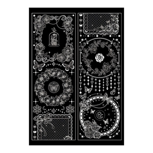 A black rectangular sheet featuring white gothic-style decorative illustrations, including floral wreaths, butterflies, moons, stars, and ornate borders.