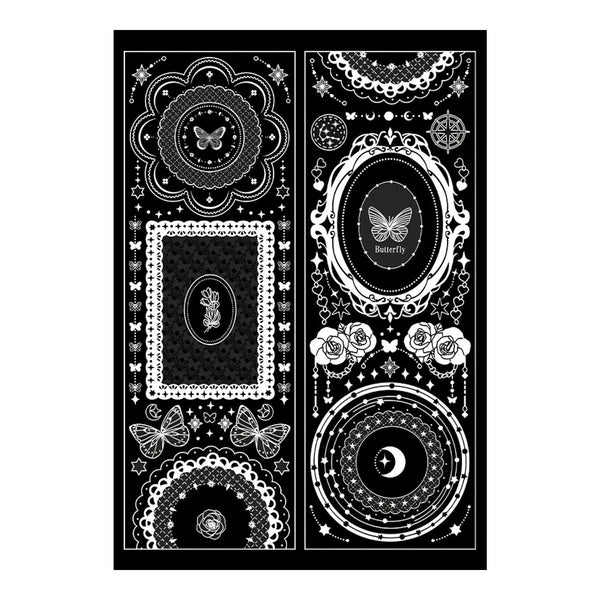 Black and white gothic-style decorative print featuring ornate lace-like borders, butterflies, roses, stars, moons, and circular mandala motifs arranged in two vertical panels on a white background.