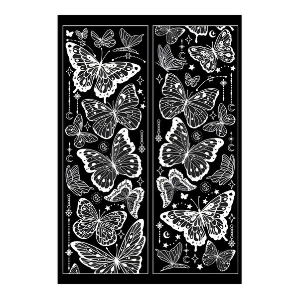 A black rectangular art print or poster featuring an intricate white line-art design of butterflies, stars, and crescent moons, shown against a plain white background.