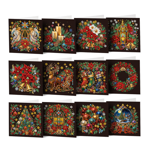A set of 12 Christmas-themed square cards arranged in a 3-by-4 grid on a white background. Each card features a different festive design with gold glitter-style details, including angels, candles, flowers, ornaments, stockings, a wreath, a decorated tree, an arched window, baubles, and a night scene.