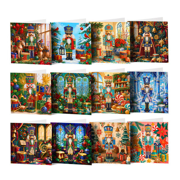 A set of 12 Christmas nutcracker art prints or cards arranged in a 3x4 grid, each featuring a different colorful festive nutcracker scene with gifts, trees, and holiday decorations.