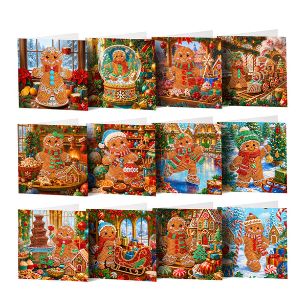 A set of Christmas gingerbread-themed greeting cards arranged in a grid. The cards feature various festive illustrations of gingerbread people, gingerbread houses, candy canes, snow globes, and holiday scenes in warm reds, greens, browns, and whites.