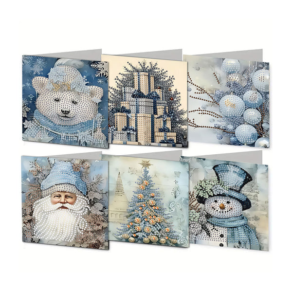 Six Christmas-themed diamond painting cards arranged in a 2x3 grid on a white background. The cards feature festive designs including a polar bear, wrapped gifts, ornaments, Santa Claus, a Christmas tree, and a snowman.