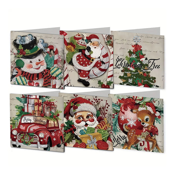 Six Christmas-themed diamond painting cards arranged in two rows on a plain white background. The designs include a snowman with a top hat, Santa Claus, a Christmas tree, a red car with gifts, Santa Claus with presents, and a deer with a stocking.