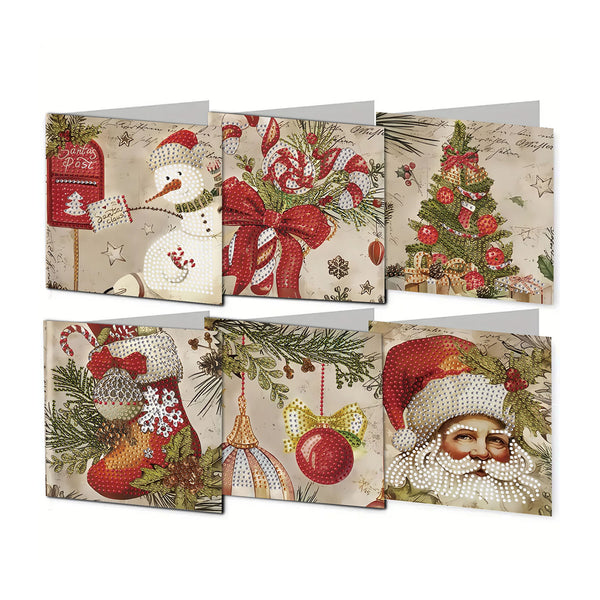 Six Christmas-themed diamond painting cards arranged in two rows of three on a plain white background. The cards feature festive designs including a snowman, candy canes, a Christmas tree, stockings, ornaments, and Santa Claus on a vintage-style beige background.