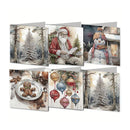 Six Christmas-themed greeting cards arranged in a 2x3 grid on a white background. The cards feature festive illustrations including a silver Christmas tree, Santa Claus reading, a snowman in a knit hat, a gingerbread cookie on a plate, and colorful hanging ornaments.