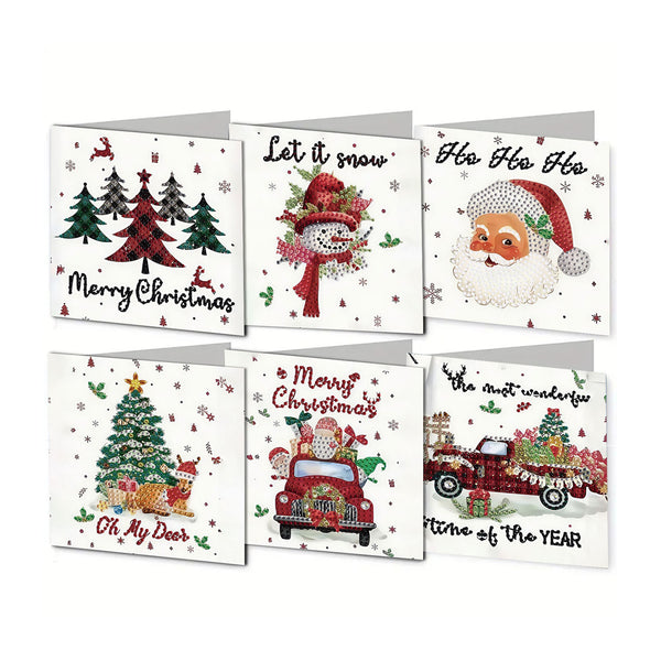 Six Christmas greeting cards arranged in two rows on a white background. The cards feature festive illustrations including Christmas trees, a snowman in a red hat, Santa Claus, a decorated tree with a reindeer, a red truck carrying gifts, and holiday text such as 'Merry Christmas,' 'Let it snow,' 'Oh My Dear,' and 'The most wonderful time of the year.