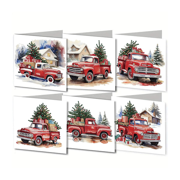Six Christmas-themed greeting cards arranged in a grid, each featuring a red vintage pickup truck carrying a Christmas tree with wrapped gifts, set against snowy houses and trees.