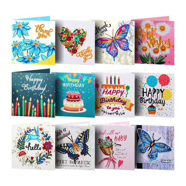 A 12-card set of colorful birthday and thank-you greeting cards arranged in a 3x4 grid on a plain white background. The cards feature various designs including flowers, butterflies, cakes, balloons, and decorative text such as 'Thank you', 'Happy Birthday', and 'Hello'.