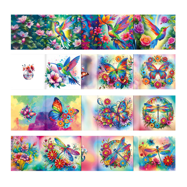 A collage of colorful floral and nature artwork panels featuring hummingbirds, butterflies, dragonflies, flowers, and watercolor-style backgrounds in bright multicolor tones.