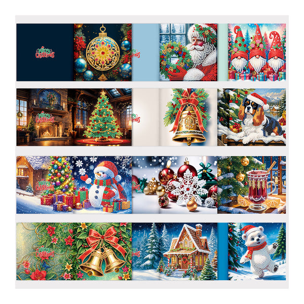 A collage of 16 Christmas-themed diamond painting canvas designs, featuring festive illustrations such as Santa Claus, gnomes, a snowman, a Christmas tree, bells, ornaments, and winter cottages.