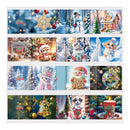 A collage of twelve Christmas-themed square panels featuring winter scenes, snow, ornaments, Santa, snowman animals, holiday lights, and festive decorations.