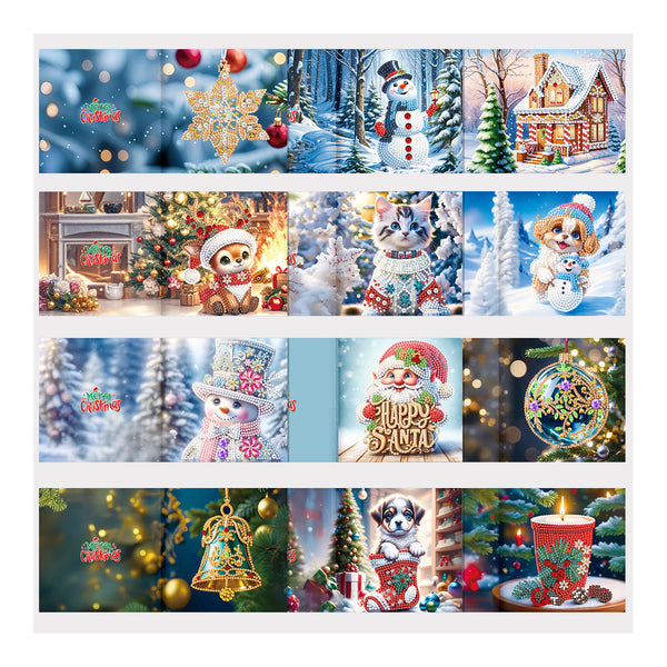 A collage of twelve Christmas-themed square panels featuring winter scenes, snow, ornaments, Santa, snowman animals, holiday lights, and festive decorations.