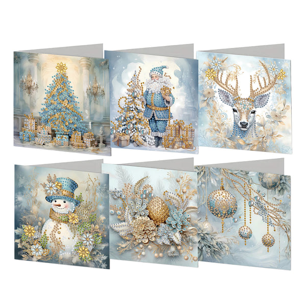 Six Christmas greeting cards arranged in two rows of three on a white background. The cards feature winter and holiday illustrations in soft blue, white, and gold tones, including a blue Christmas tree, Santa Claus, a deer with antlers, a snowman in a top hat, ornaments, and floral winter arrangements.
