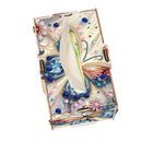 A decorative tissue box cover with a butterfly design, embellished with blue, pink, and gold rhinestones and beads, shown on a plain white background.