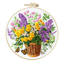 Embroidery hoop with a colorful floral design and butterflies on a white background