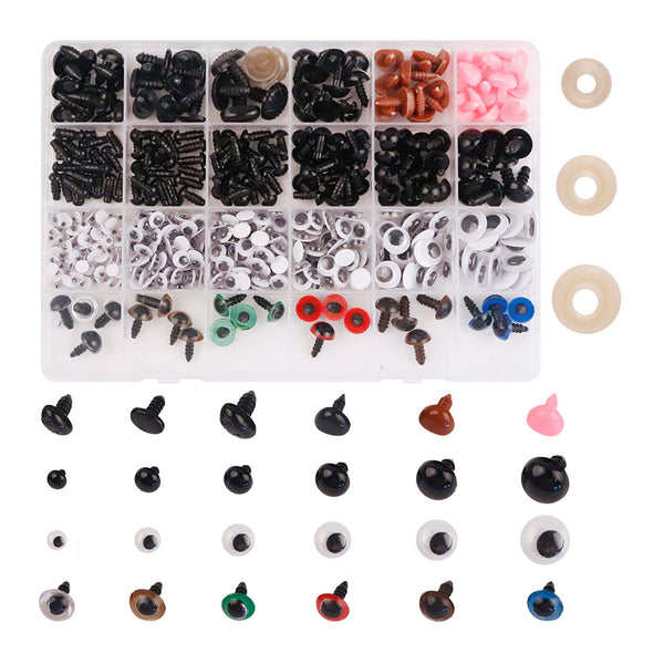 A plastic organizer tray filled with assorted small hardware and eye-like accessory pieces in many colors, shown on a white background with matching loose pieces arranged below and to the right.
