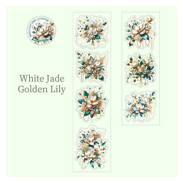 A sheet of floral stickers featuring white jade and golden lily designs, displayed on a pale green background with the text 'White Jade Golden Lily' and a circular logo that reads 'GIFT LIKE A FLOWER'.