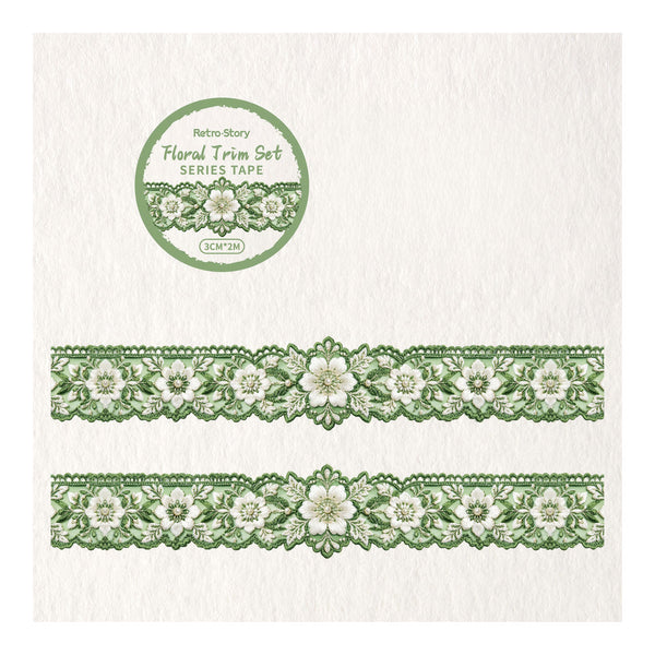 Retro Story Floral Trim Set Series Tape featuring two horizontal strips of green and white floral lace trim on a textured off-white background, with a circular product label at the top left.
