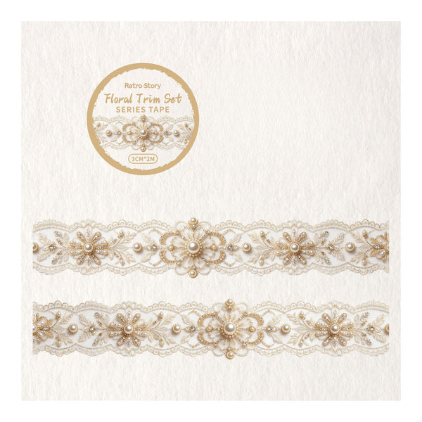 Two decorative floral lace trim ribbons with pearl-like beads and metallic gold embroidery, displayed on a textured cream background with a circular Retro Story label at the top.