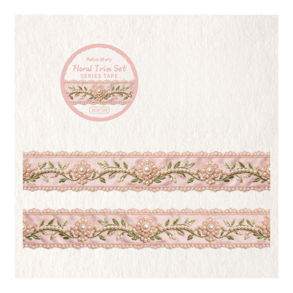 A retro-style floral trim set featuring two decorative ribbon bands with pink lace, gold embroidery, and pearl-like accents, displayed on a textured off-white background with a circular product label.